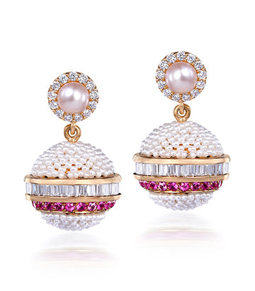 Pearl, Diamond and Pink sapphire earrings